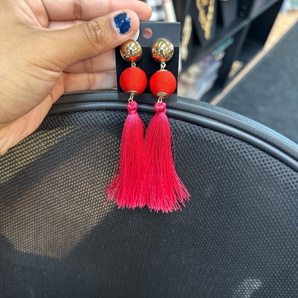 Vibrant hot pink Tassel Earrings with Gold Accents